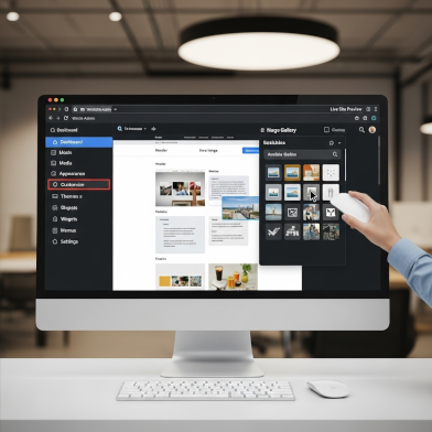 Afbeelding van computer met daarop een admin omgeving waarin een website beheerd wordt.