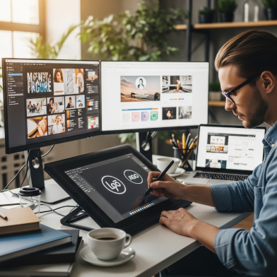 Afbeelding van designer die op zijn werkplek bezig is een ontwerp te maken.