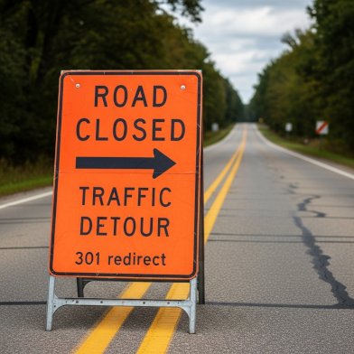 Afbeelding van verkeersbord dat aangeeft dat de weg is afgesloten en het verkeer wordt omgeleid.