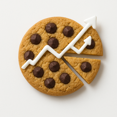 Afbeelding van chocolate chip cookie met een topping in de vorm van een grafiek.