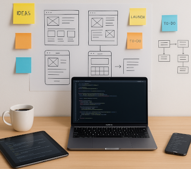 Afbeelding van een bureau met een laptop, telefoon en kop koffie. Op de achtergrond een whiteboard met ontwerp en post-its.