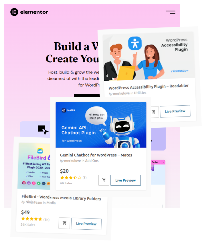 Screenshot van een aantal WordPress Plugins, zoals Elementor